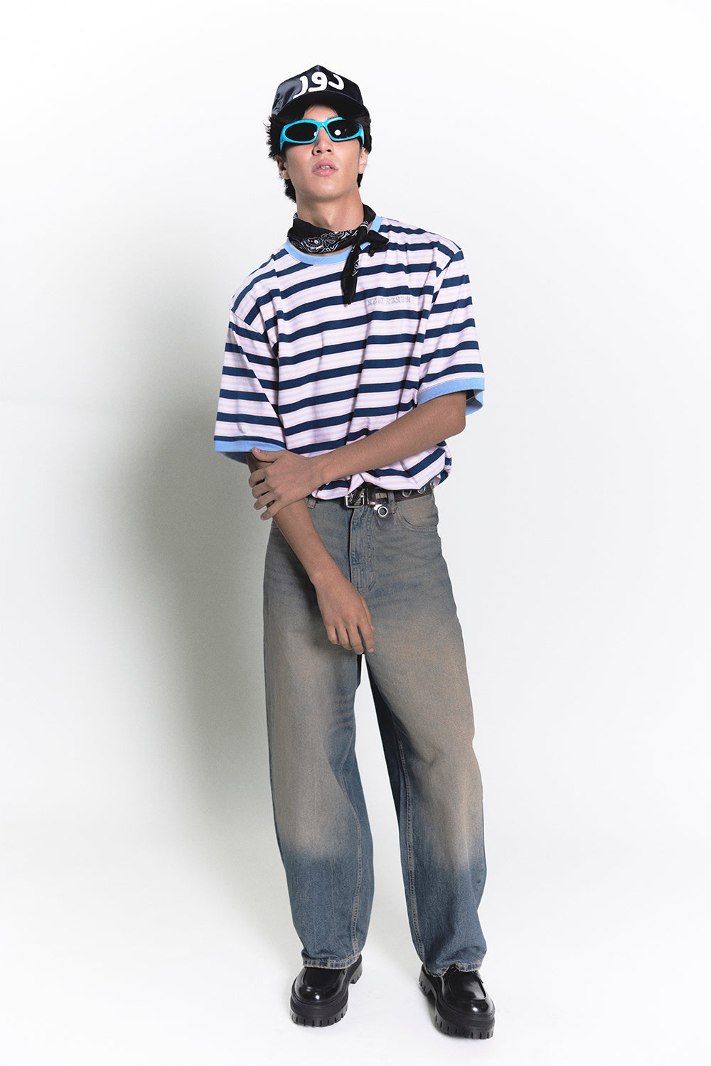 SKY BLUE STRIPED NECK T-SHIRT