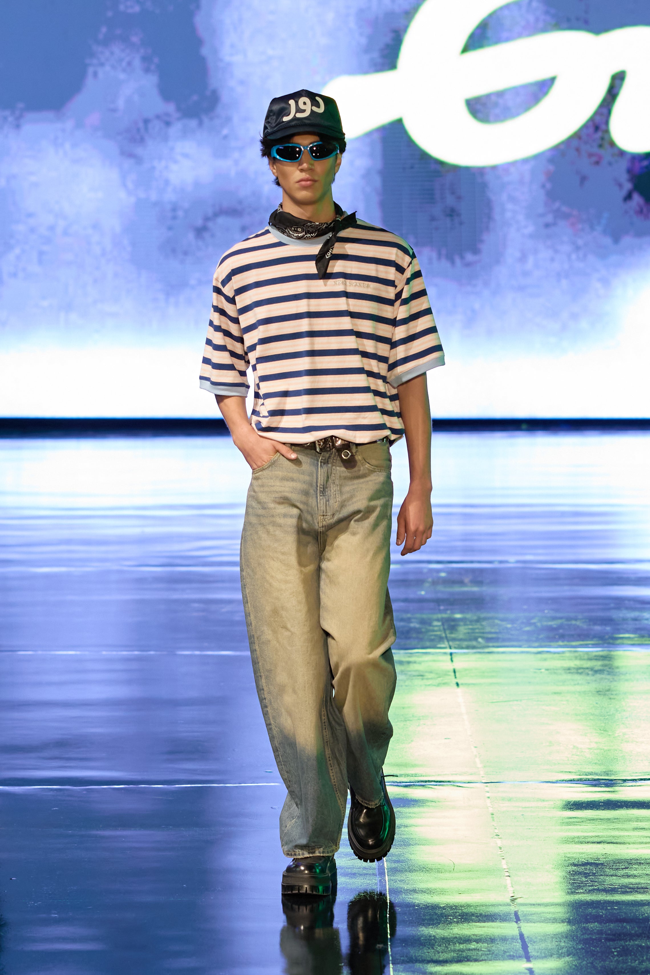SKY BLUE STRIPED NECK T-SHIRT